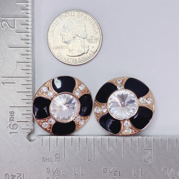 Vintage 60s 70s Mod Clip On Earrings Black Enamel Gold Tone Rhinestone Sparkly - Picture 10 of 10